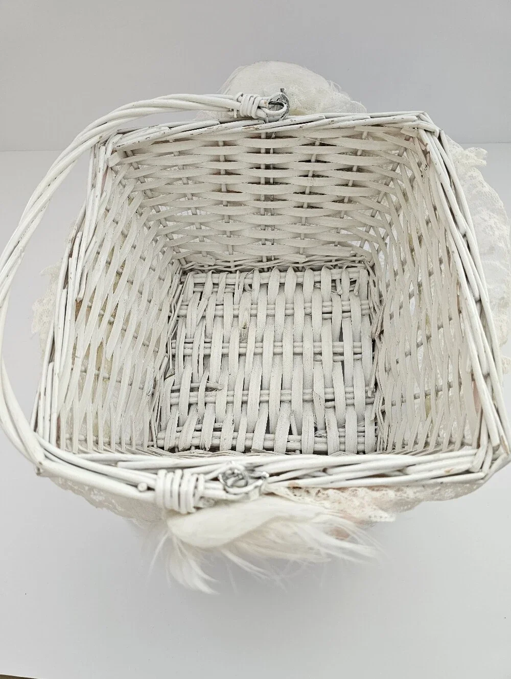 Vintage Shabby Chic Flower Girl Basket Lace Ostrich Feather Cottagecore